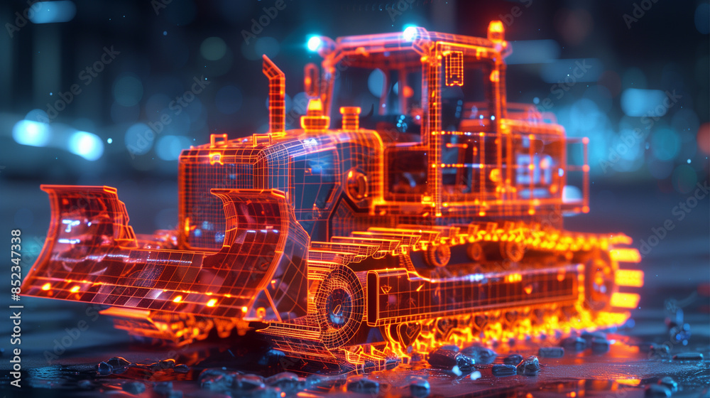 3D modern Bulldozer icon in bright neon graphic style black background 3D modern Bulldozer icon in bright neon graphic style black background