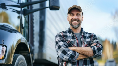portrait of a happy confident driver standing in front on his truck and looking at camera. © Samady Sat 