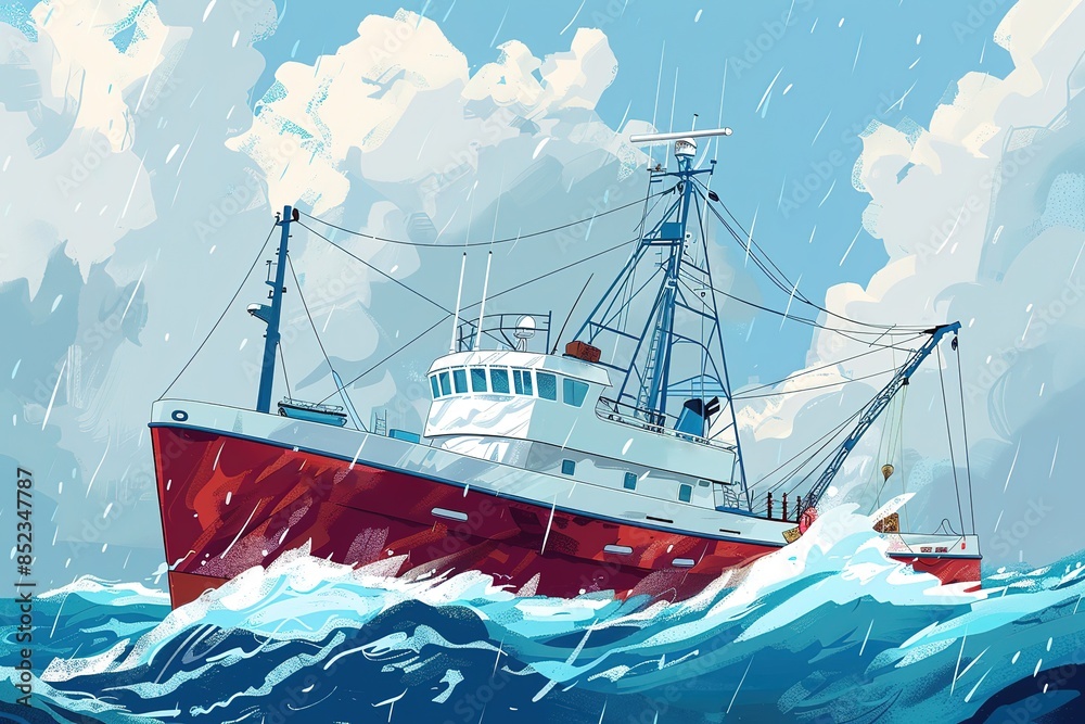 Obraz premium fishing boat on water wave in the ocean