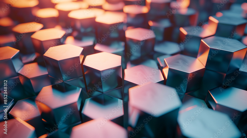 Obraz premium Abstract 3D hexagon pattern background, glowing metallic geometric tiles in teal and orange, futuristic tech wallpaper texture