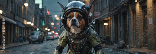 Dog in Space Suit Walking on a City Street.