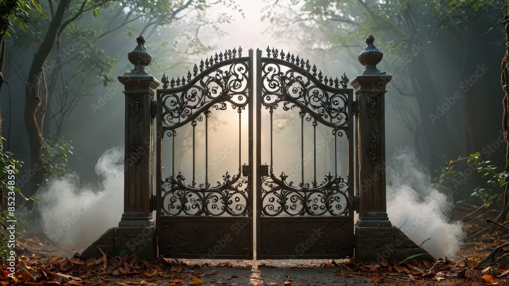 Ornate Iron Gate in a Foggy Forest. Ornate Iron Gate in a Foggy Forest.