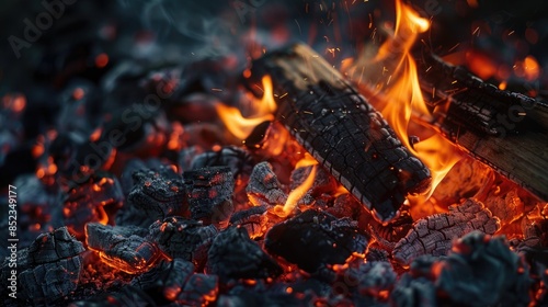 Campfire with smoldering embers and charred wood