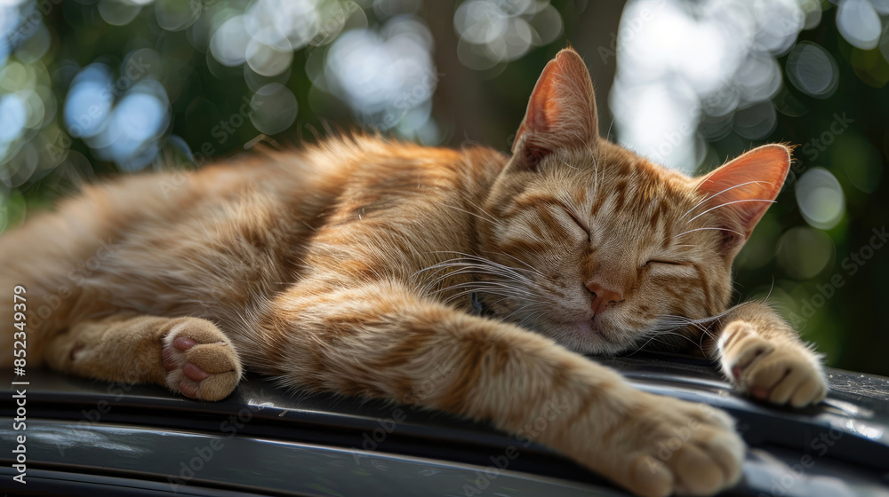 Fototapeta premium Sleeping Cat Enjoying a Nap on Car Roof