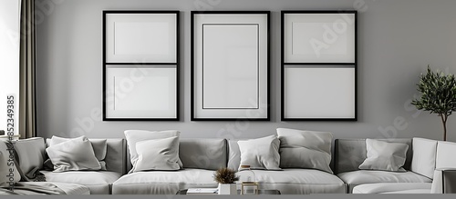 A stylish living room with a light grey wall, showcasing four empty black frames in a square arrangement. The frames create a harmonious and balanced look.