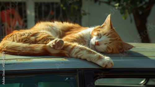 Sleeping Cat Enjoying a Nap on Car Roof
