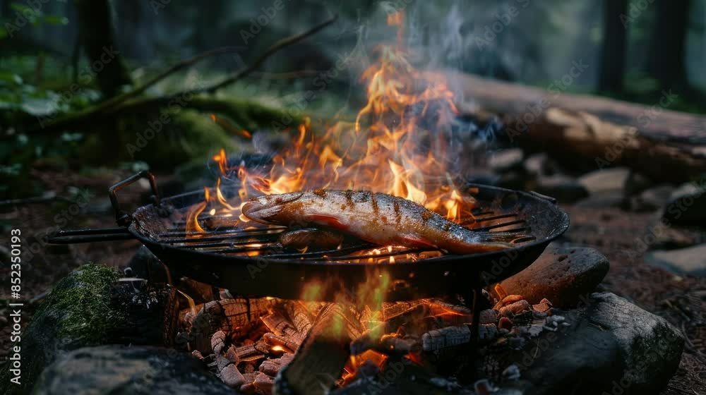 grilling fresh fish while camping in the forest to eat with friends. seamless looping time-lapse virtual 4k video Animation Background. grilling fresh fish while camping in the forest to eat with friends. seamless looping time-lapse virtual 4k video Animation Background.