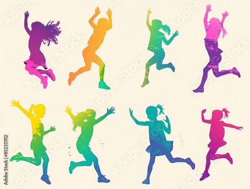 Set of colorful jumping children silhouettes.
