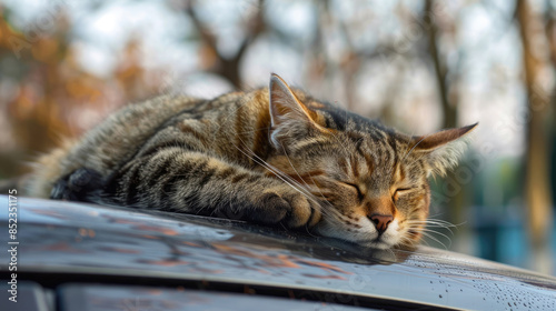 Sleeping Cat Enjoying a Nap on Car Roof
