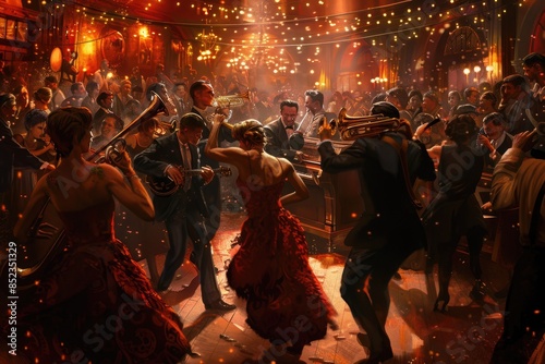 A 1920s themed party with dancing, live music, and colorful lights, capturing the essence of the roaring twenties AIG58 photo