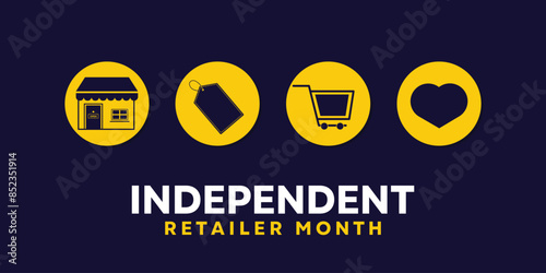 Independent Retailer Month. Store, label, trolley and heart. Great for cards, banners, posters, social media and more. Dark blue background.