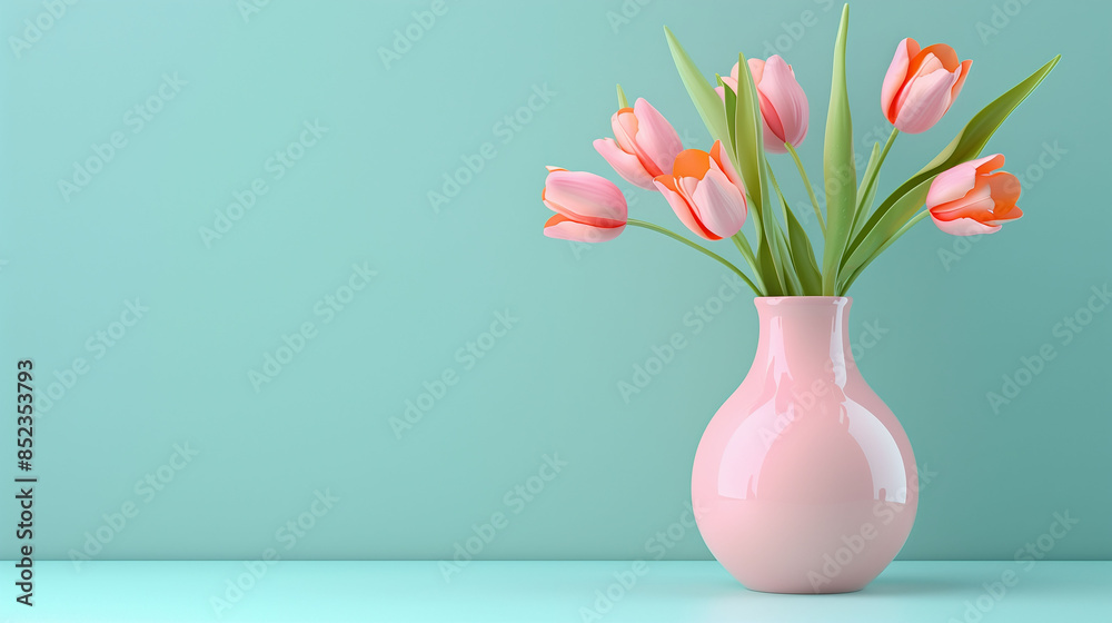 A pink vase with three pink flowers in it. The vase is on a blue background