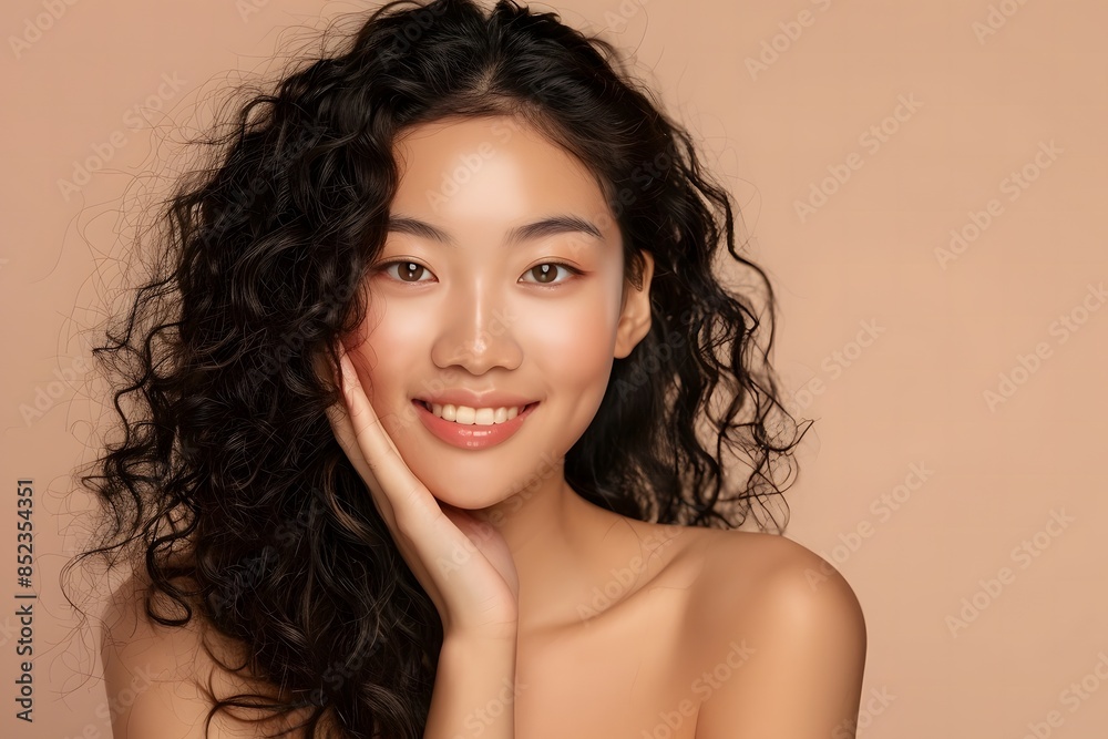 Pretty Asian beauty woman curly long hair with Korean makeup glowing face and healthy facial skin portrait smile on isolated beige background
Pretty Asian beauty woman curly long hair with Korean makeup glowing face and healthy facial skin portrait smile on isolated beige background