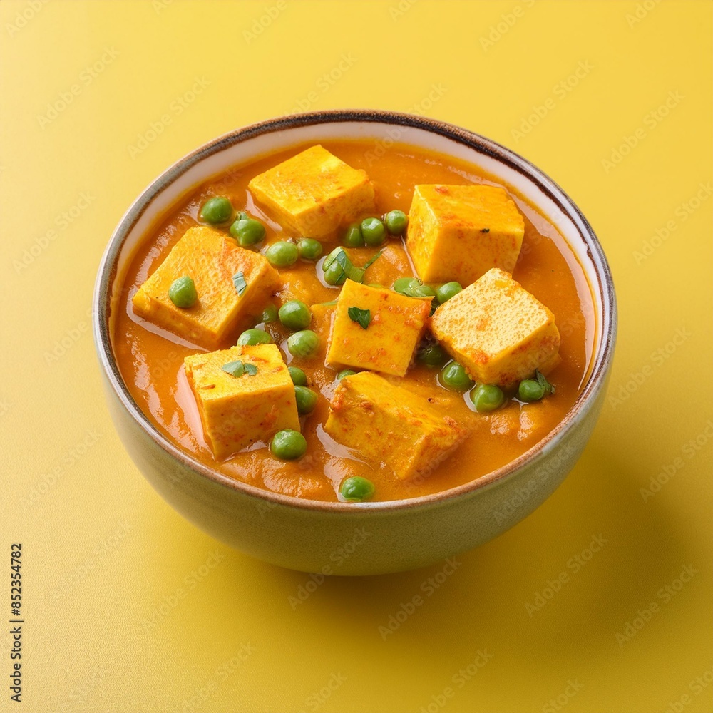 Indian delicious cuisine matar paneer on yellow background Indian delicious cuisine matar paneer on yellow background