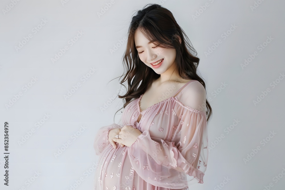 Happy young Asian pregnant woman with Korean makeup style on face and perfect skin touch belly on isolated white background. Concept of pregnancy Happy young Asian pregnant woman with Korean makeup style on face and perfect skin touch belly on isolated white background. Concept of pregnancy