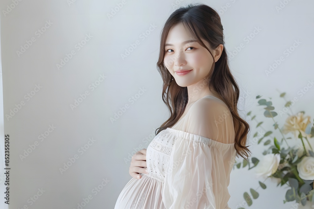 Happy young Asian pregnant woman with Korean makeup style on face and perfect skin touch belly on isolated white background. Concept of pregnancy Happy young Asian pregnant woman with Korean makeup style on face and perfect skin touch belly on isolated white background. Concept of pregnancy