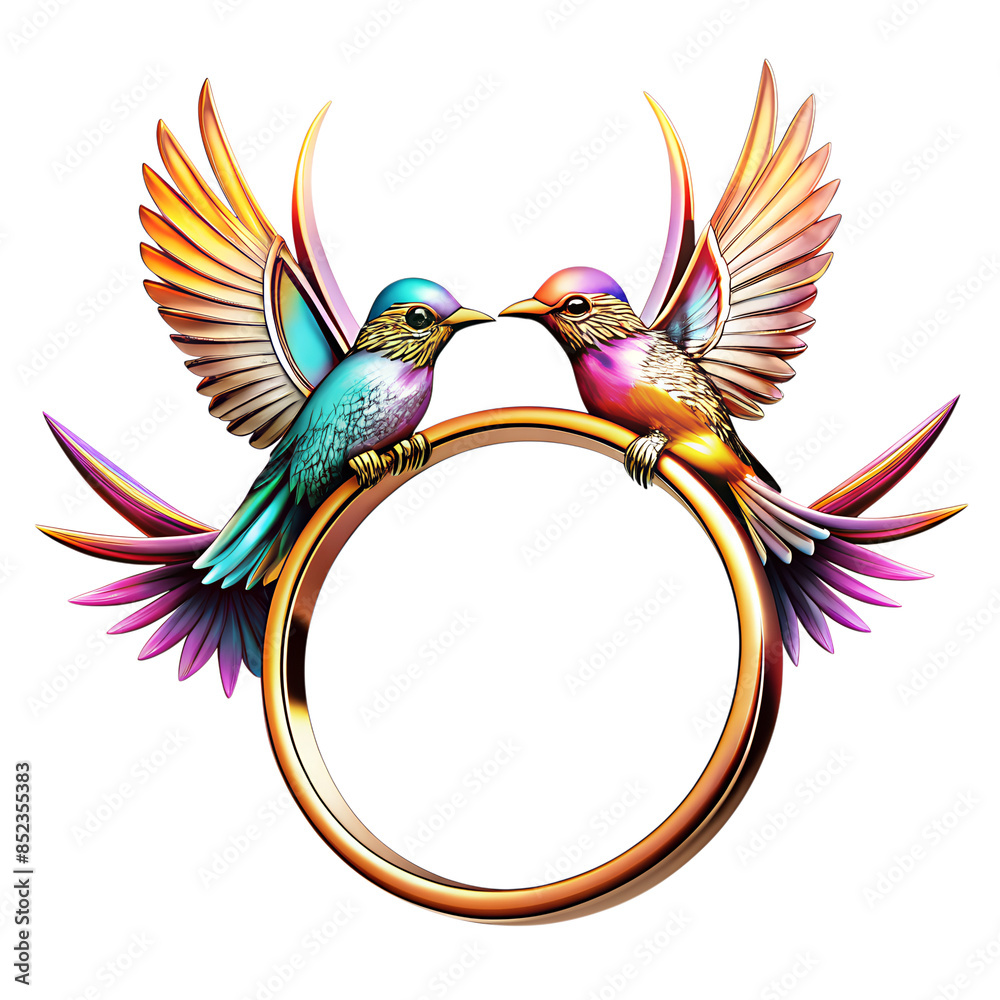 Obraz premium Love birds perched on a gold ring,couple bird perched on a gold ring,magenta bird,simple gold ring,fantasy of couple bird,lovely birds,sweet bird,transparent bird with gold ring,transparent birds 