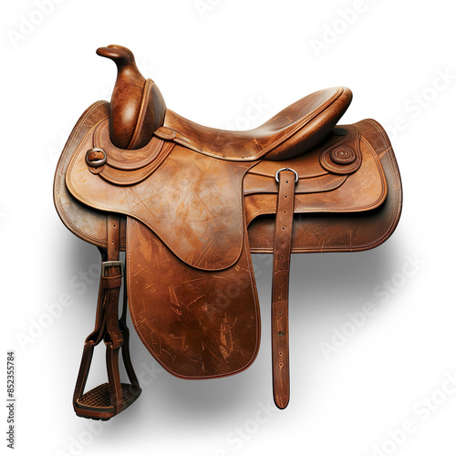 Brown leather horse saddle isolated on a transparent background