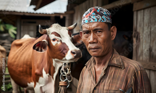 the male farmer holding the cows bridle at his hands photo