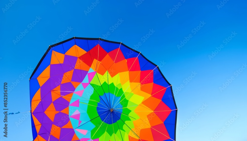 Obraz premium A close-up of a vibrant kite with a geometric, multicolored pattern against a clear blue sky.