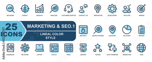 marketing seo icon collection.style lineal color modern.contains PAGE,LAYOUT,DASHBOARD,DATABASE,SERVER,RATING,STARS,DATA TRANSFER,MARKETING,SOCIAL,GLOBE,WEB.