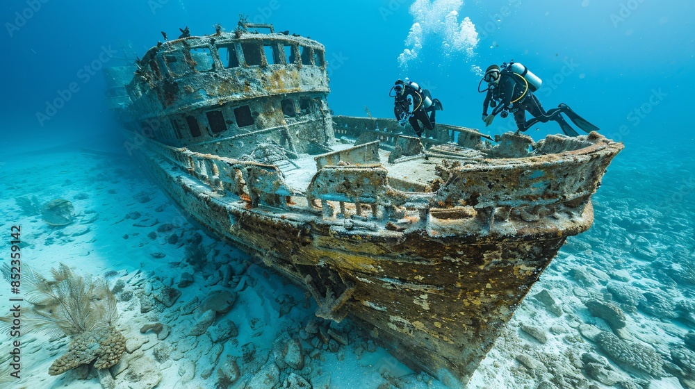 Underwater divers investigating the sunken vessel in the Red Sea.