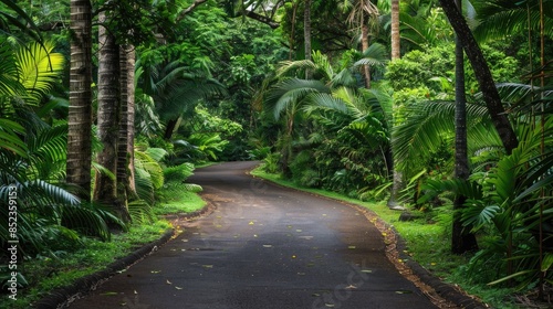 A winding path flanked by lush trees on either side