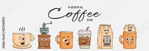Happy International coffee day banner with coffee character in retro groovy style. Holiday design concept observed on September 29 in USA. Vector illustration