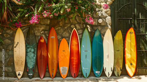Graphic design depicting different surfboard styles and shapes. AI generative. photo
