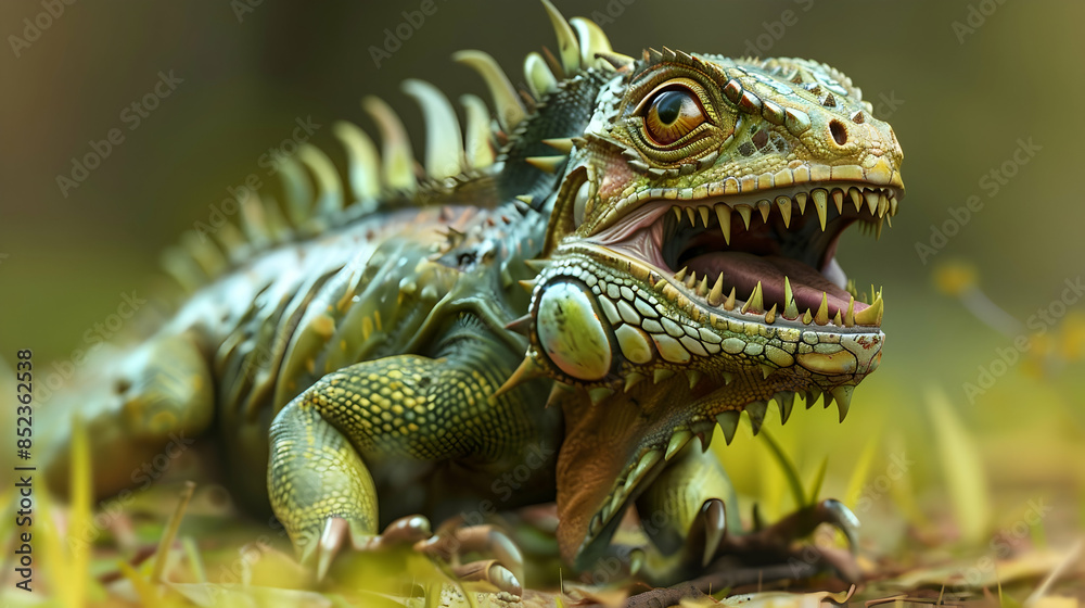 Fototapeta premium 3D Illustration of a Green Iguana with Sharp Teeth and Spiky Back
