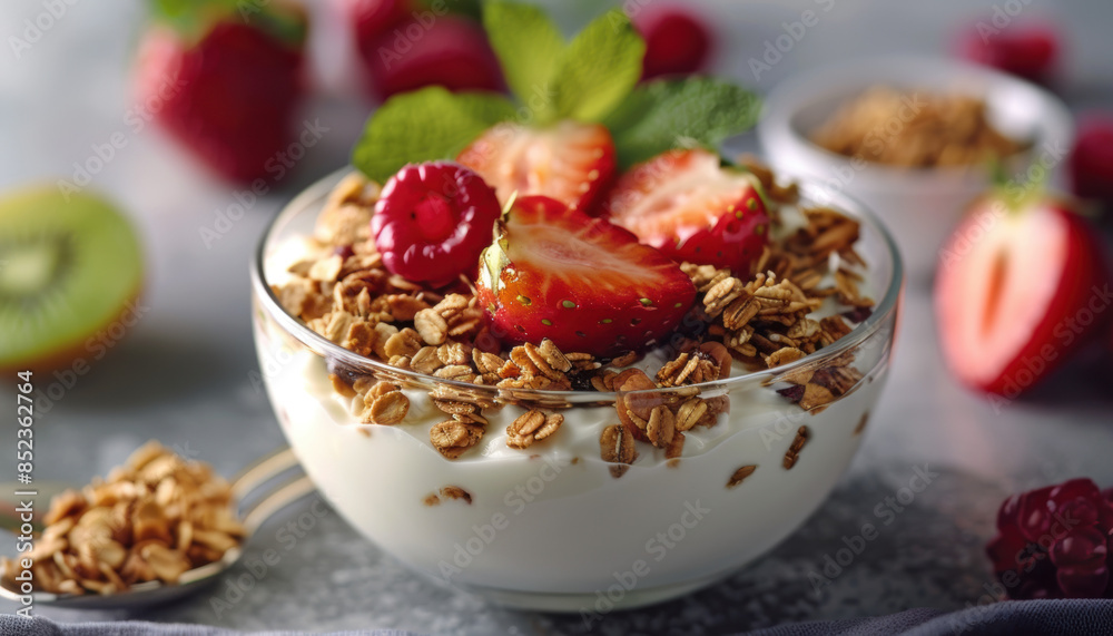 A bowl of cereal with strawberries and raspberries on top A bowl of cereal with strawberries and raspberries on top
