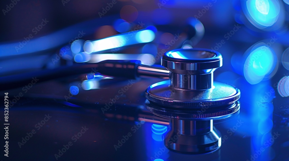 A medical instrument in the limelight on a shiny blue surface with a dark backdrop. A medical instrument in the limelight on a shiny blue surface with a dark backdrop.