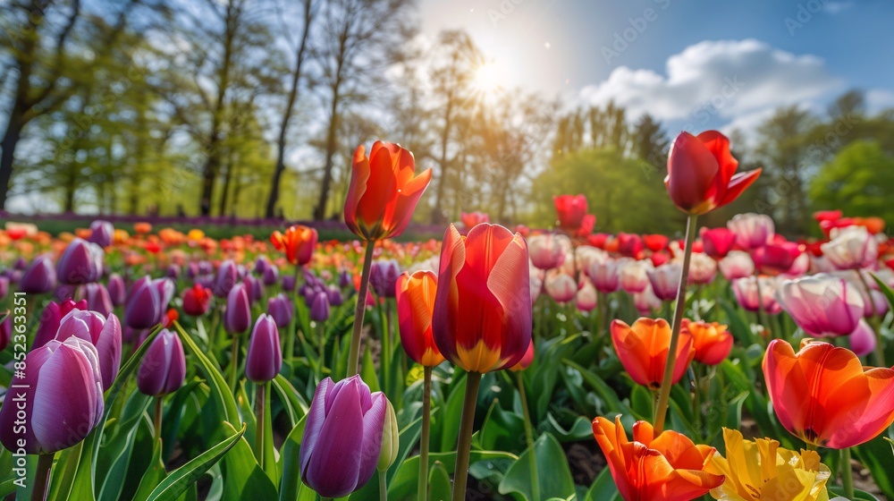 Vibrant Dutch bulbfields in the flower region near a Danish village. Vibrant Dutch bulbfields in the flower region near a Danish village.