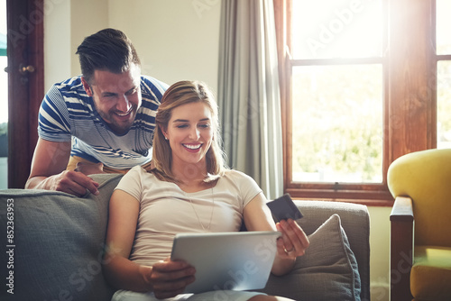 Finance, tablet or happy couple with credit card in home for ecommerce sale or order choice on fintech website. Relax, easy payment or people with financial app, online shopping or internet banking