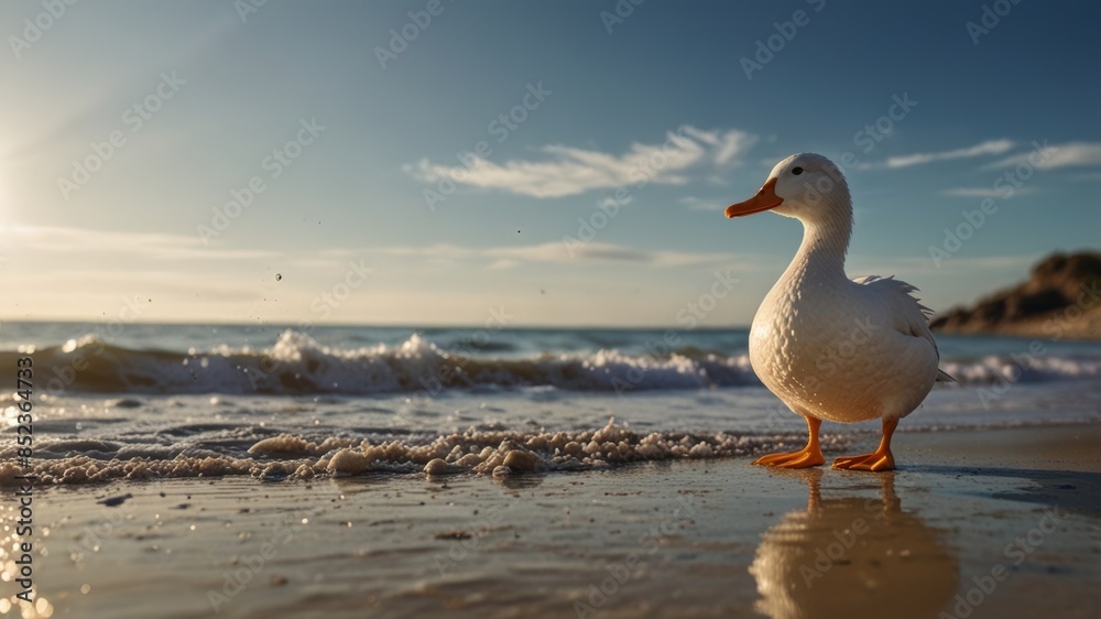 A lone white duck, standing elegantly on the shore amidst a backdrop of crashing waves and a vast ocean, symbolizes the tranquility of nature. A lone white duck, standing elegantly on the shore amidst a backdrop of crashing waves and a vast ocean, symbolizes the tranquility of nature.