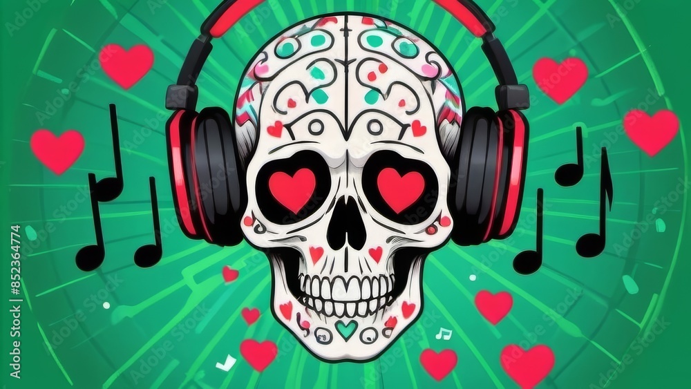 Music-loving sugar skull with headphones and hearts Music-loving sugar skull with headphones and hearts