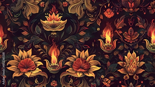 Opulent Diwali Shubh Labh Seamless Pattern with Calligraphic Flourishes and Floral