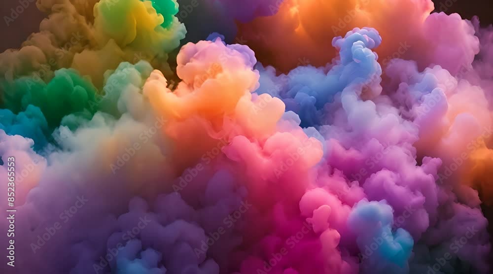 Colorful smoke swirls in the air, creating a magical rainbow cloud. The smoke dances and twirls, forming shapes like butterflies Colorful smoke swirls in the air, creating a magical rainbow cloud. The smoke dances and twirls, forming shapes like butterflies