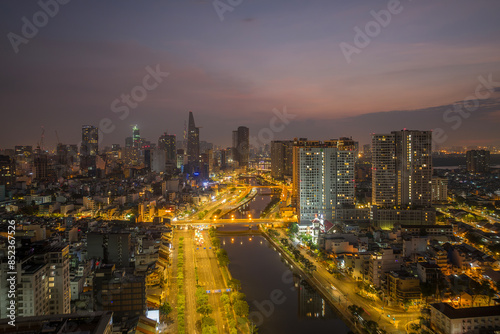 May 12, 2024: Panorama of District 1, Ho Chi Minh City in the early morning