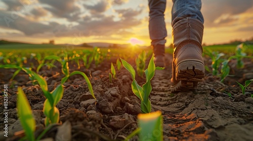 Field of sprouting corn at sunset with farmer boots walking away, capturing the serenity of rural life