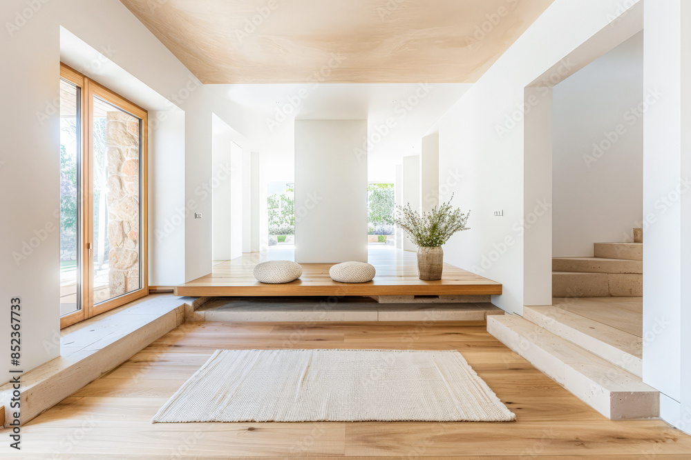 Fototapeta premium Minimalist interiors with the use of warm tones in a luxury residence. Residential Real Estate interior design composition for ads.
