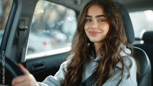 Portrait mode of a joyful young woman driving, enjoying her day outdoors. AI generative.