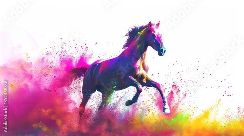 Laughing Horse Delighted with Holi Colors on Its Mane Isolated on white Background