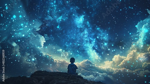 Starry night with a child gazing upward, dreaming of vast ambitions and endless possibilities. Concept: Dreams, Childhood, Imagination.