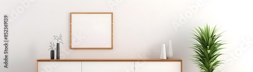 Blank Poster Frame Mockup on White Wall with Wooden Sideboard and Green Plant