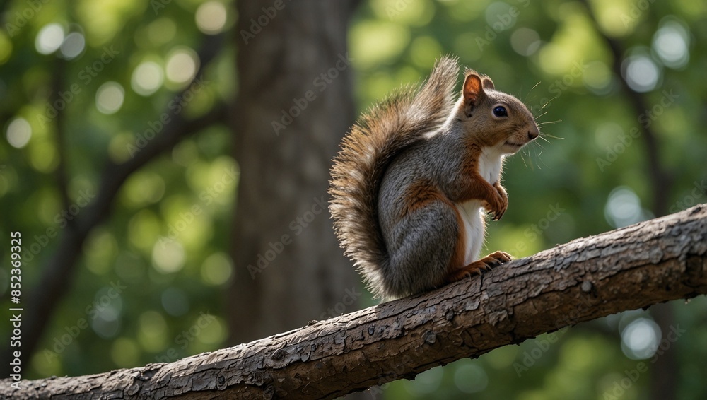 A squirrel perched on a branch in a bustling city park. A squirrel perched on a branch in a bustling city park.