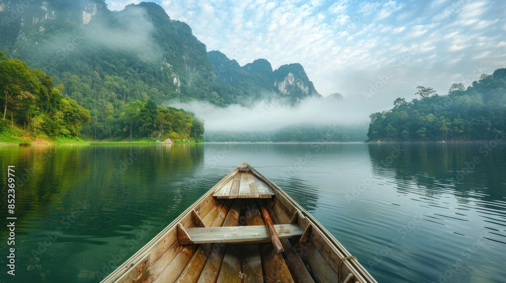 Fototapeta premium Tranquil mountain lake with a wooden dock. Wooden rowing boat on a lake in the Dolomites