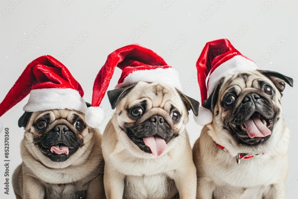Three Jolly Pugs in Santa Hats Celebrating Christmas Together Three Jolly Pugs in Santa Hats Celebrating Christmas Together