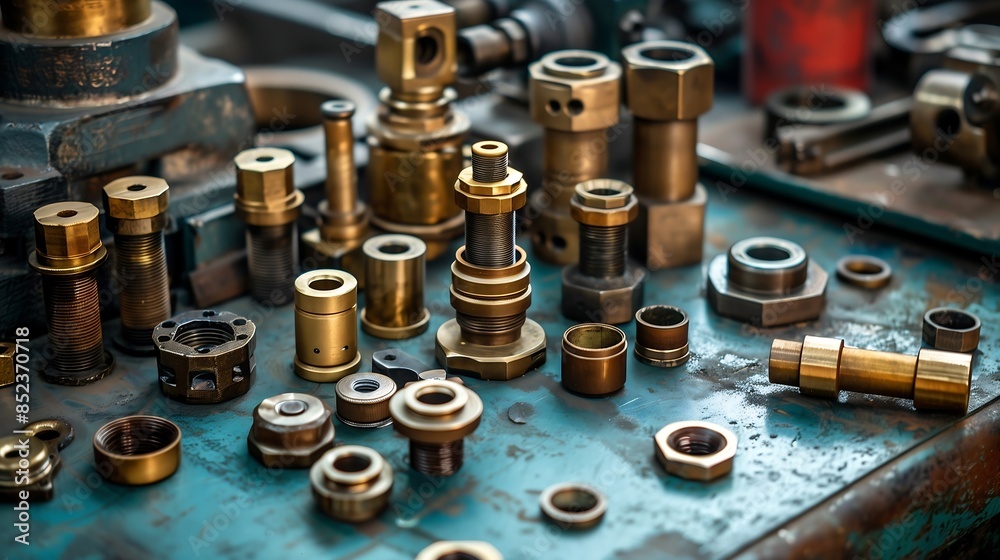 different metal parts in an industrial setting, showcasing the textures and finishes of steel, aluminum, and brass