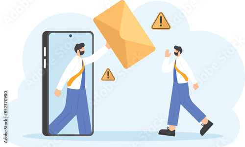 warning about fraudulent SMS. Be careful of the dangers of fraud via SMS messages or emails. a criminal or fraudster appears from the smartphone. flat style illustration concept design.

